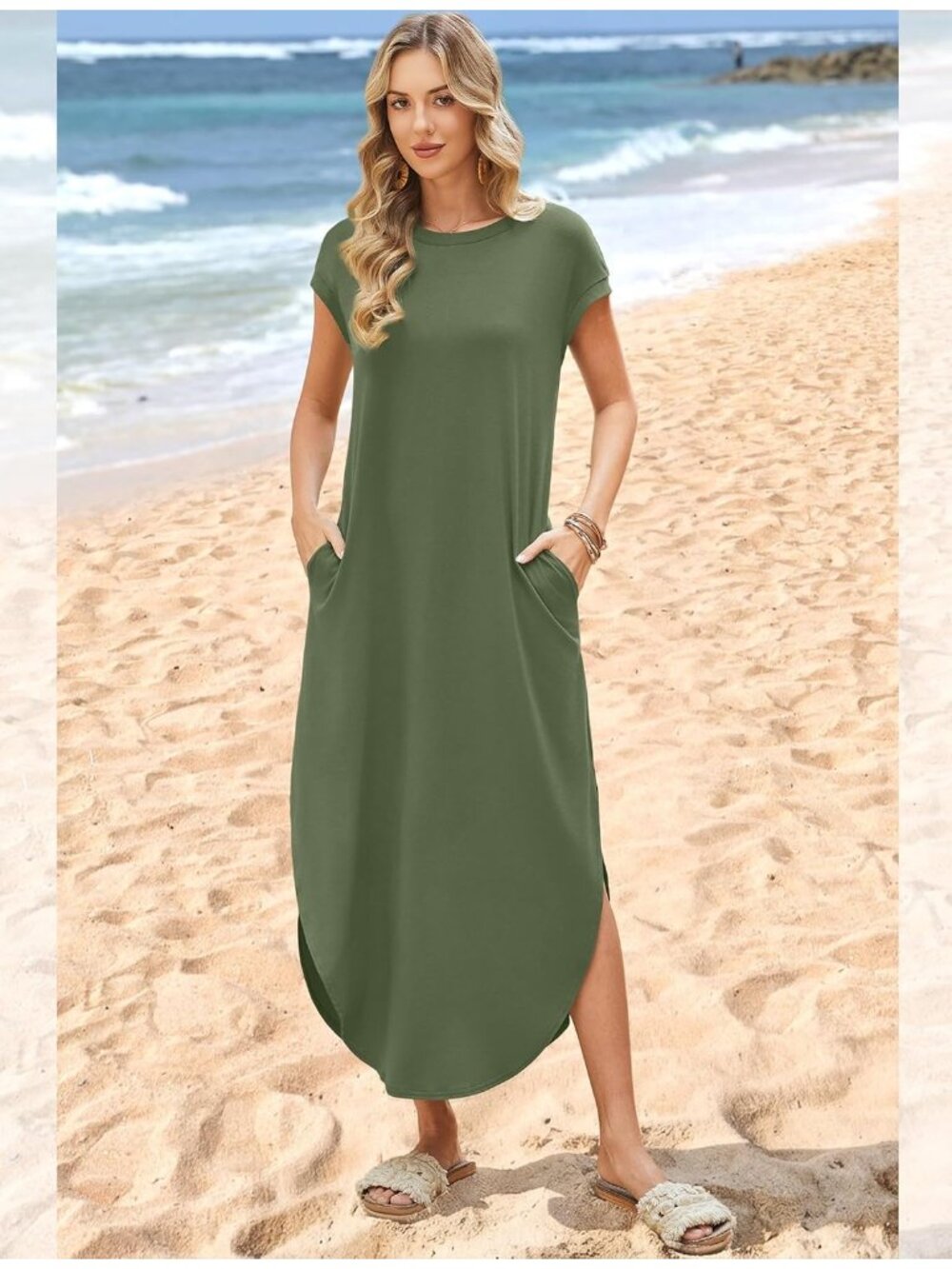 Women's Army Green Cap Sleeve Crewneck Casual Long Summer Pull On Maxi Dress - Picture 3 of 5